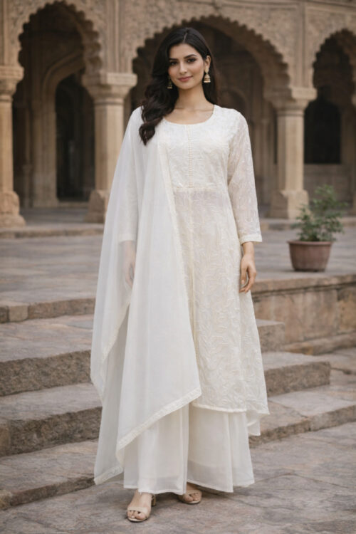 White Silk Embroidered Kurti Palazzo Set with Dupatta
