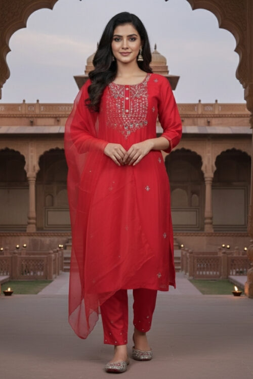 Red Silk Straight Suit with Pant & Dupatta