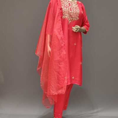 Red Silk Suit with Pant & Dupatta with Hand Work