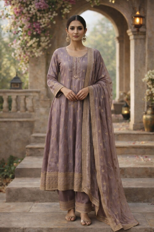 Mauve Silk Shimmer Anarkali Suit with Pant & Dupatta