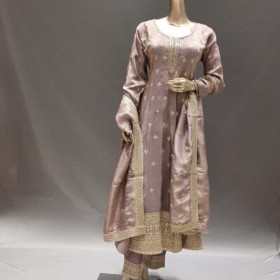 Mauve Silk Shimmer Anarkali Suit with Pant & Dupatta