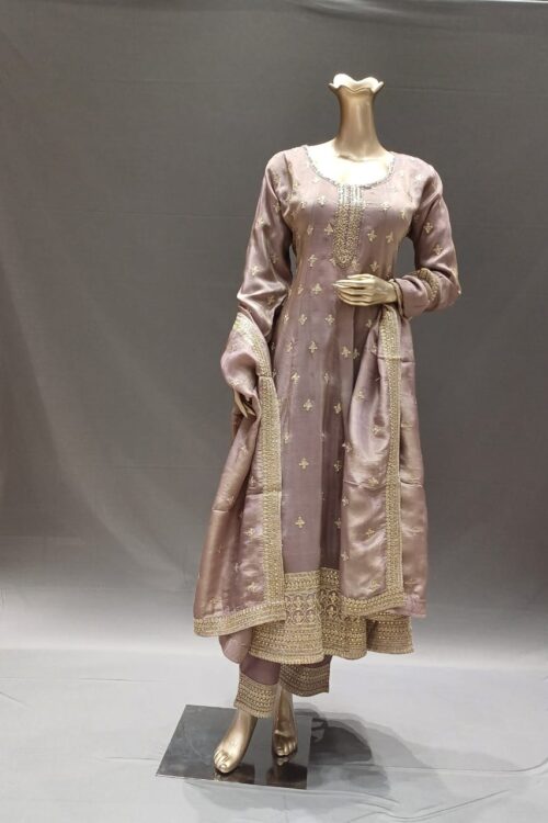 Mauve Silk Shimmer Anarkali Suit with Pant & Dupatta