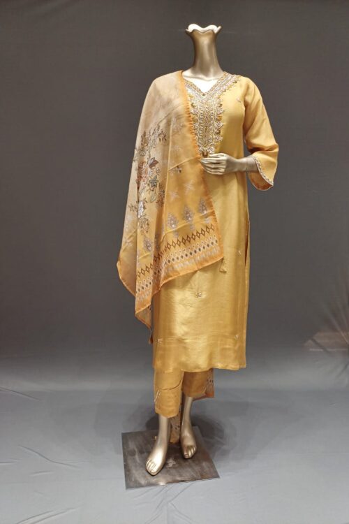 Mustard Yellow Silk Handwork Suit set Printed Dupatta Festival wear