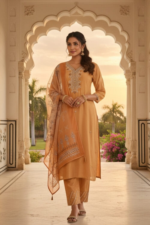 Mustard Yellow Silk Handwork Straight Suit Set with Printed Dupatta