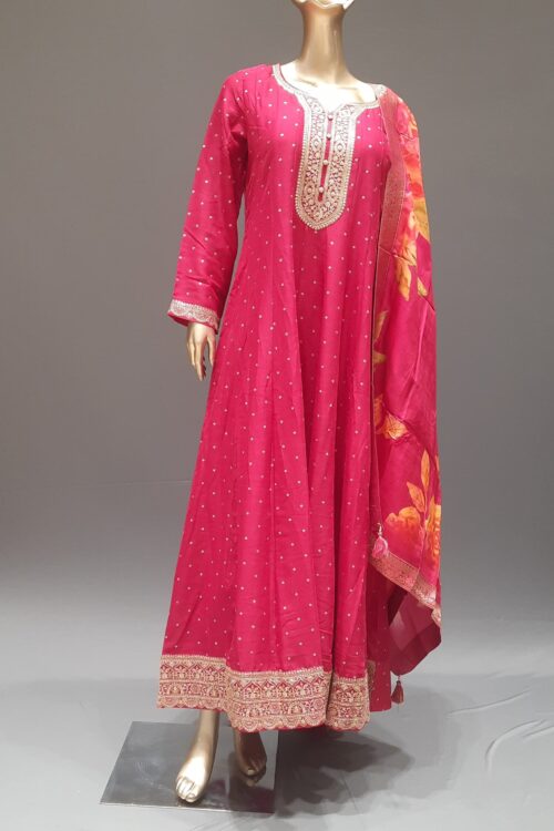 Rani Silk Embroidered Anarkali Dress with Printed Dupatta – Festival wear