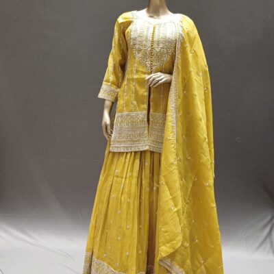 indo western style Yellow Silk Lehenga with Top & Dupatta – Festival wear