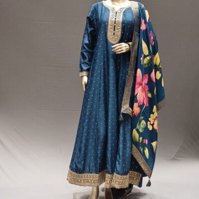 Blue Silk Handcrafted Anarkali Dress with Printed Dupatta -Festive Collection