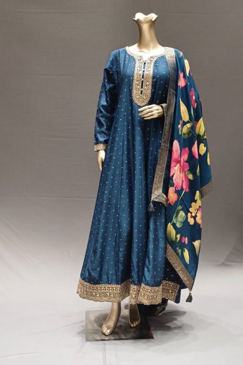 Blue Silk Handcrafted Anarkali Dress with Printed Dupatta -Festive Collection