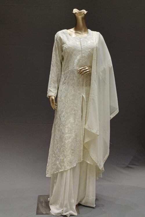 White Silk Embroidered Kurti Palazzo Set with Dupatta