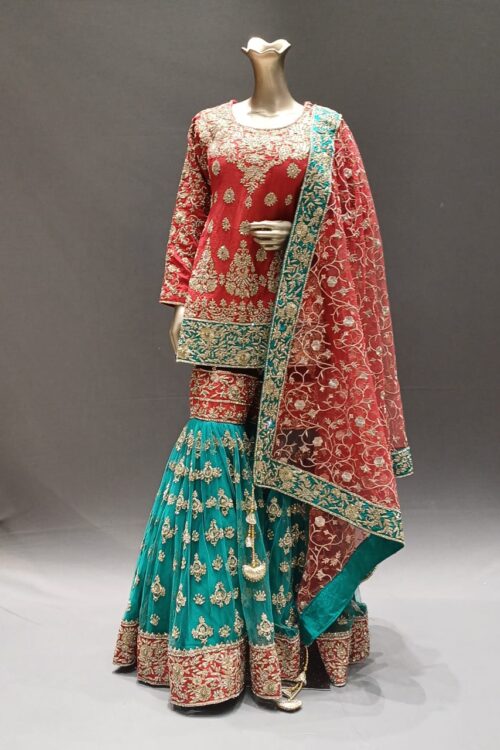 Red & Firozi Silk Sharara Suit with Net Dupatta & Heavy Handwork