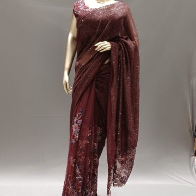 Maroon Net Beads & Sequins Saree with Readymade Blouse – Party Wear Saree