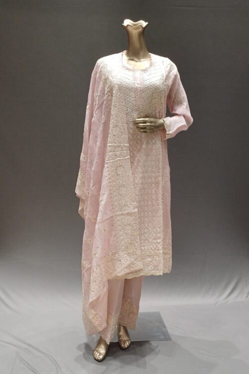 Rose Pink Silk Salwar Suit Set with Hand Embroidery