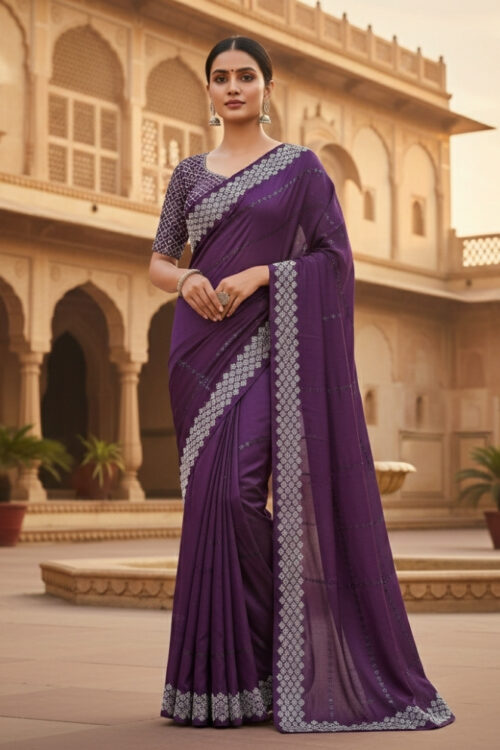 Purple Silk Stone Diamond Work Saree with Blouse