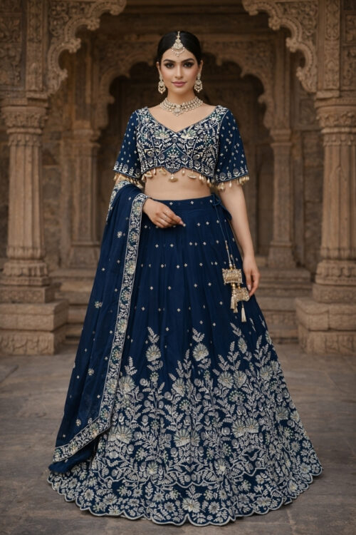Rama Blue Georgette Lehenga Choli with Pearl, Sequins & Mirror Embroidery