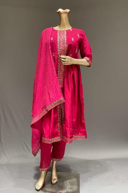 Maroon Roman Silk Anarkali Suit set with Embroidered work  – Elegant Ethnic Wear