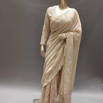 Rose Gold Net Saree with Handwork Readymade Blouse – Premium Designer Saree