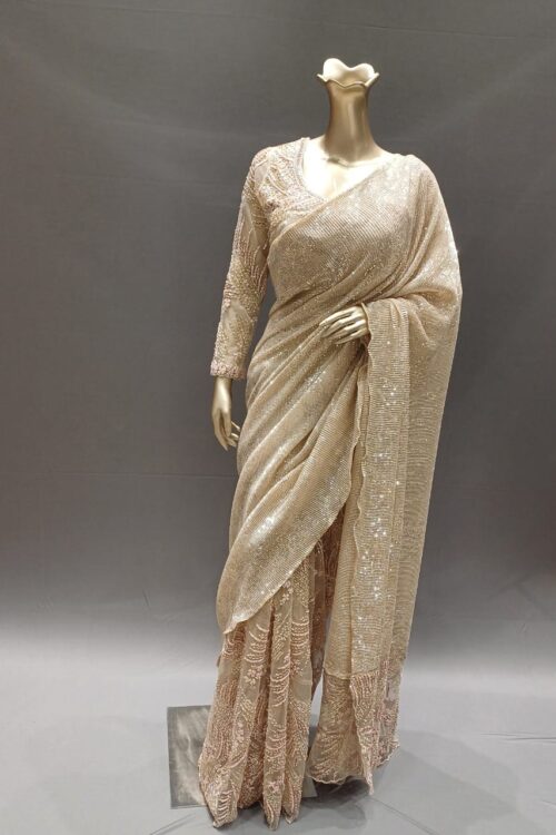 Rose Gold Net Saree with Handwork Readymade Blouse – Premium Designer Saree