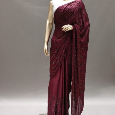 Wine Silk Stone Work Saree with Blouse –Party wear Saree
