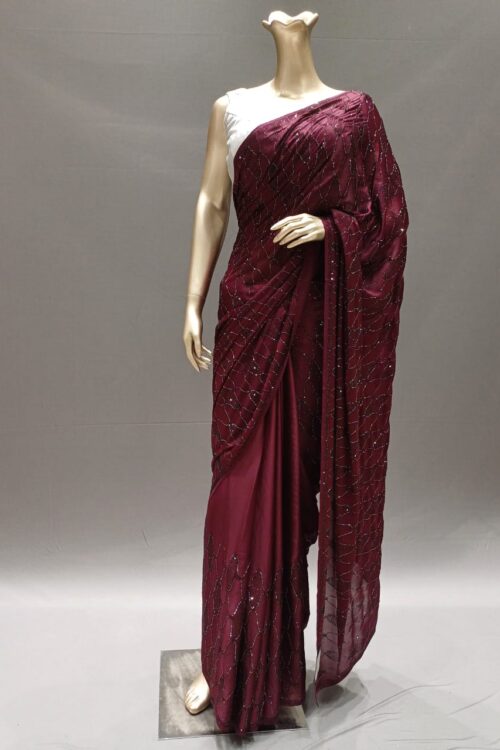 Wine Silk Stone Work Saree with Blouse –Party wear Saree