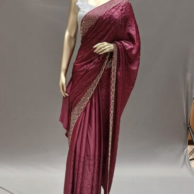 Wine Silk Stone Work Saree with Blouse – Party wear Saree