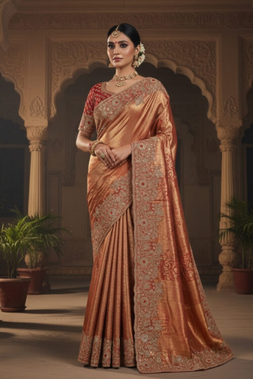 Red Banarasi Silk Handwork Saree with Attached Blouse – Designer Wedding Saree