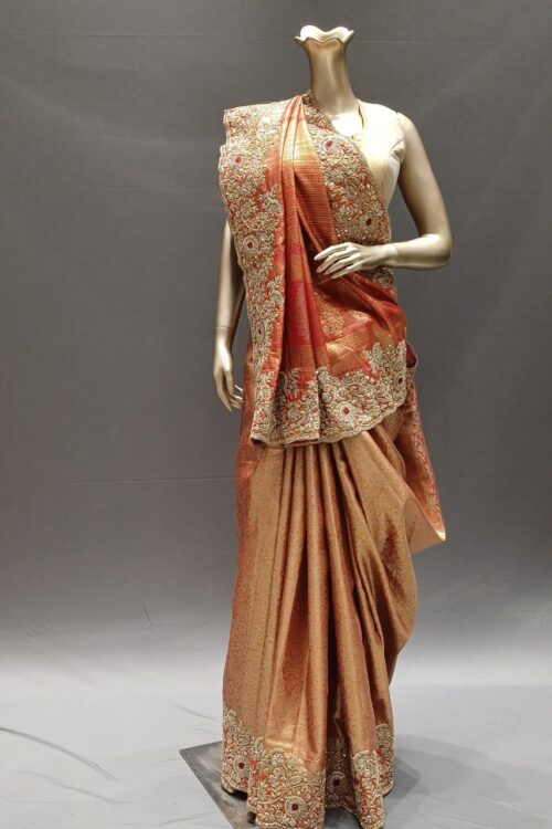 Red Banarasi Silk Handwork Saree with Attached Blouse – Designer Wedding Saree