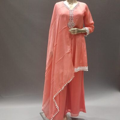 Peach Silk Palazzo Set with Anarkali Top & Dupatta – Indo Western Outfit