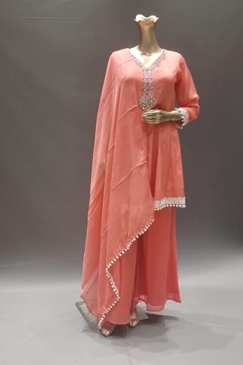 Peach Silk Palazzo Set with Anarkali Top & Dupatta – Indo Western Outfit