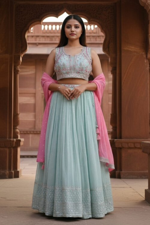 Sea Green Georgette Lehenga with Silk Handwork Blouse