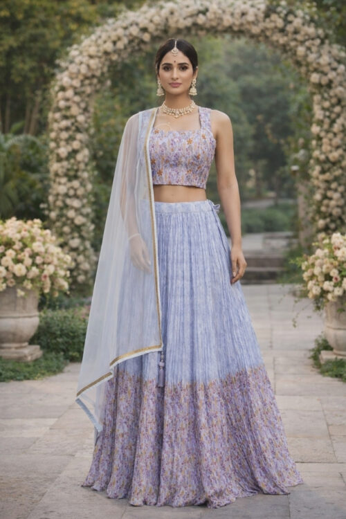 Lavender Silk Lehenga Choli with Kasab and Mirror Work