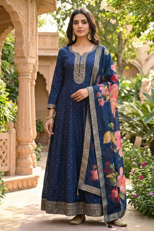 Nevy Blue Silk Anarkali Suit with Embroidery and Printed Dupatta