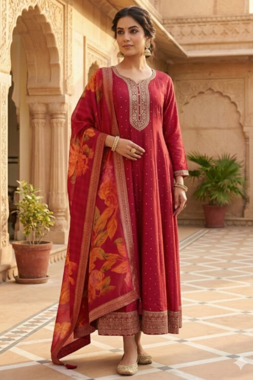 Rani Silk Anarkali Suit with Embroidery and Printed Dupatta