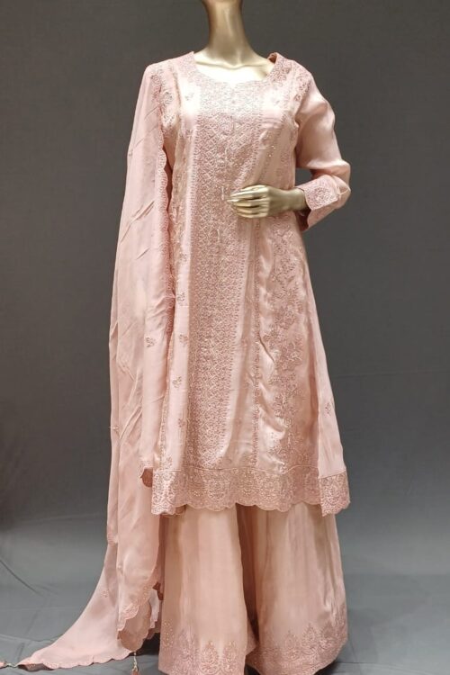 Peach Organza Palazzo with Embroidered Top & Dupatta – Festive Wear Set