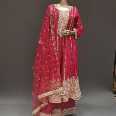 Rani Silk Embroidered Anarkali Suit with Palazzo & Dupatta – Wedding Wear Suit