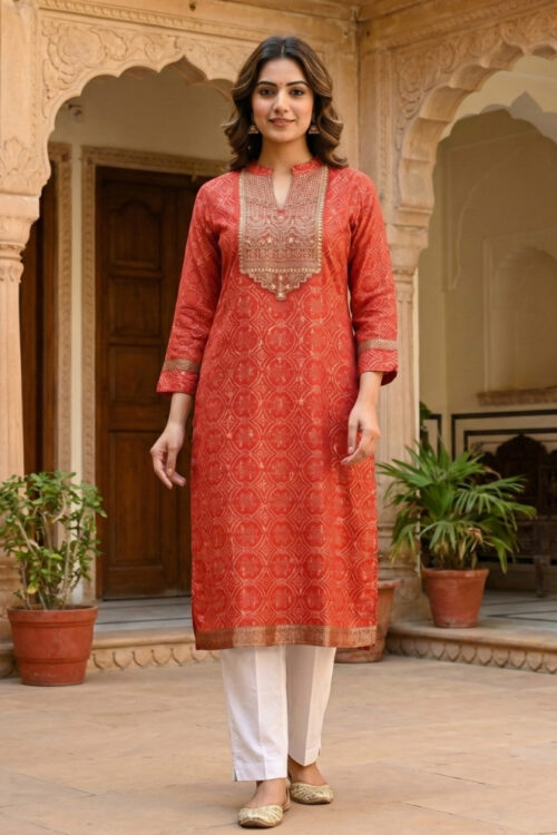 Red Silk Bandhej Print Kurti with Stone Embellishment
