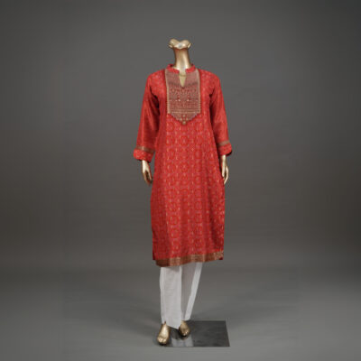 Red Silk Bandhej Print Kurti with Stone Embellishment