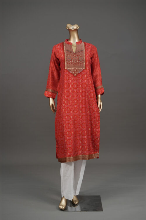 Red Silk Bandhej Print Kurti with Stone Embellishment