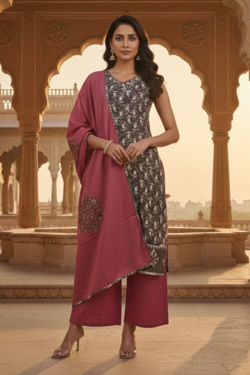 Maroon Cotton Batik Print Palazzo Suit Set