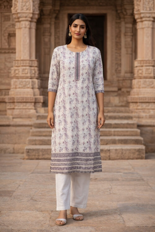 White Lucknowi Cotton Kurti with Pearl Neck Embroidery