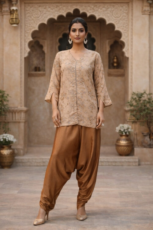 Golden Silk Indo Western Dhoti Set with Embroidered Top