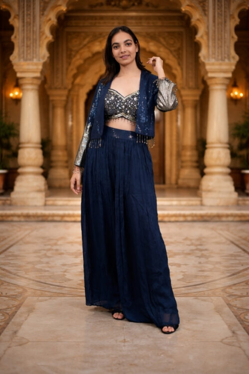 Blue Georgette Palazzo Set with Embroidered Blouse and Jacket