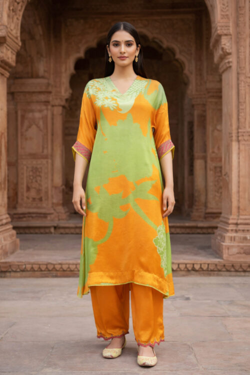 Yellow Silk Palazzo with Pista Printed Kurta