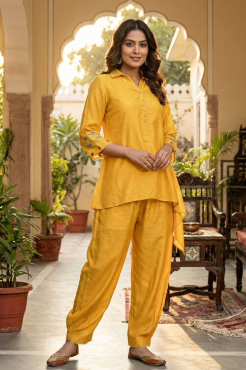 Mustard Yellow Rayon Co-ord Set with Hand Embroidery – Casual & Festive Wear