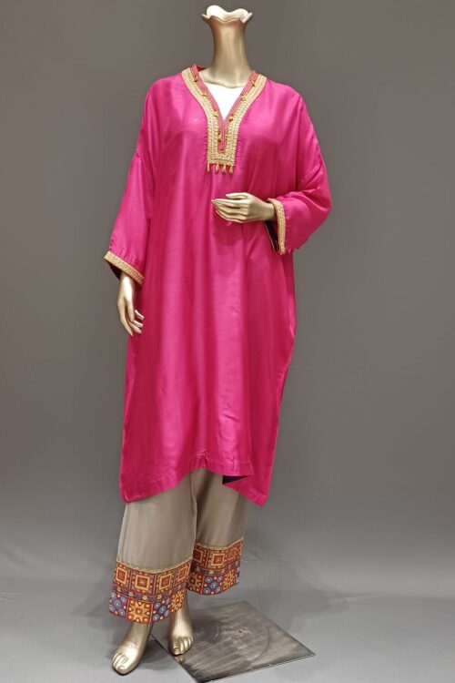 Kaftan Style Rani Silk Suit with Grey Silk Palazzo