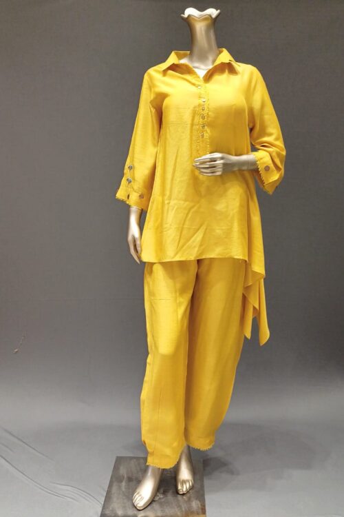 Mustard Yellow Rayon Cord Set with Hand Embroidery – Casual & Festive Wear