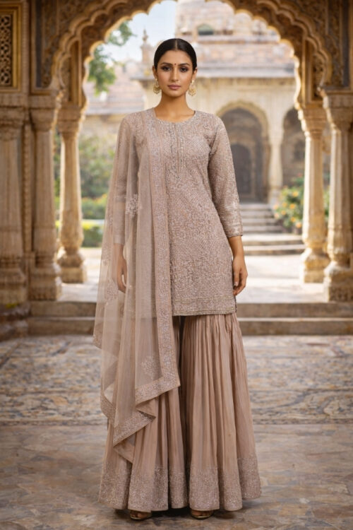 Pink Georgette Sharara with Handwork & Embroidered Dupatta