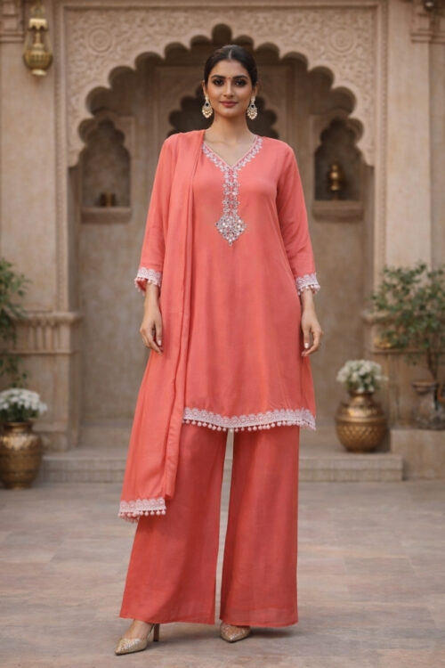 Peach Silk Palazzo Set with Anarkali Top and Dupatta