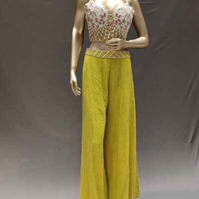 Parrot Green  Georgette Indo western Palazzo Set with Hand Embroidered Blouse & Dupatta