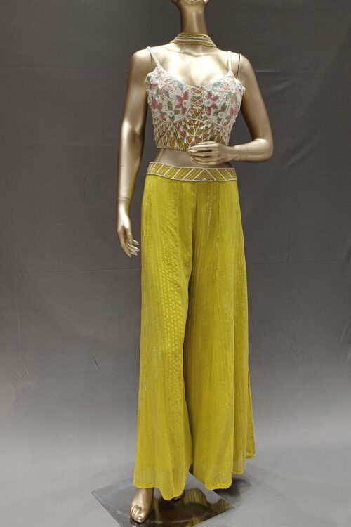 Parrot Green  Georgette Indo western Palazzo Set with Hand Embroidered Blouse & Dupatta