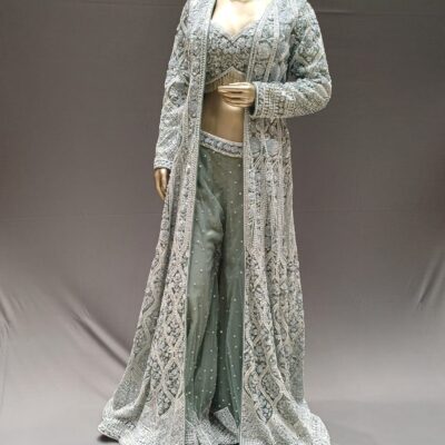 Aqua Blue Net Indo-Western Jacket Set with Pearl & Crystal Hand Embroidery
